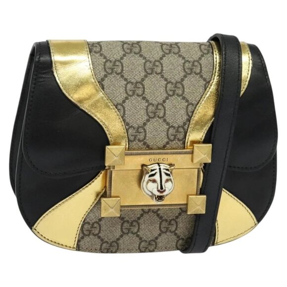 GUCCI GG Supreme Ojiride Bag Leather PVC Leather Beige Black 500781 Auth bs28443 - Picture 1 of 16